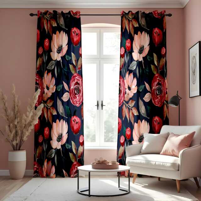Watercolor Floral Curtains, Navy Blue & Red Romantic Rose Print Drapes, Botanical Window Treatment, Custom Length Panel Curtains - image 1