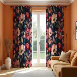 Watercolor Floral Curtains, Navy Blue & Red Romantic Rose Print Drapes, Botanical Window Treatment, Custom Length Panel Curtains - thumbnail 3