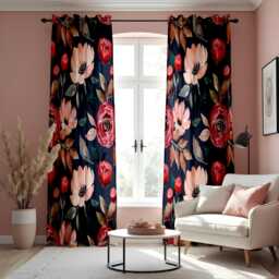 Watercolor Floral Curtains, Navy Blue & Red Romantic Rose Print Drapes, Botanical Window Treatment, Custom Length Panel Curtains - thumbnail 1