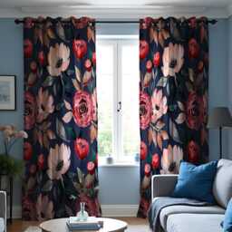 Watercolor Floral Curtains, Navy Blue & Red Romantic Rose Print Drapes, Botanical Window Treatment, Custom Length Panel Curtains - thumbnail 2