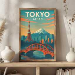 Retro Tokyo Travel Poster - Mount Fuji & Tower Art Print - thumbnail 1