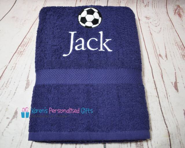 Personalised Kids Bath Towel, Navy Football Children's Swim Embroidered - Choice Of Colours - image 1