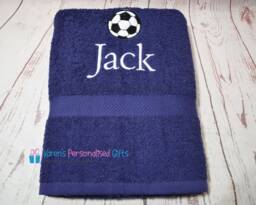 Personalised Kids Bath Towel, Navy Football Children's Swim Embroidered - Choice Of Colours - thumbnail 1