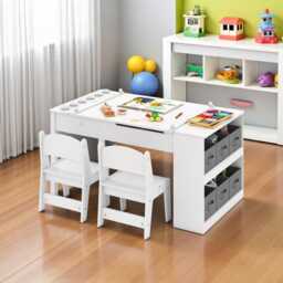 Kids Art Table & Easel Set 2-In-1 Wooden Drawing Desk With Chairs Storage Toddler Activity For Painting Learning Playroom - thumbnail 1