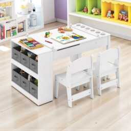Kids Art Table & Easel Set 2-In-1 Wooden Drawing Desk With Chairs Storage Toddler Activity For Painting Learning Playroom - thumbnail 3
