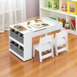 Kids Art Table & Easel Set 2-In-1 Wooden Drawing Desk With Chairs Storage Toddler Activity For Painting Learning Playroom - thumbnail 2