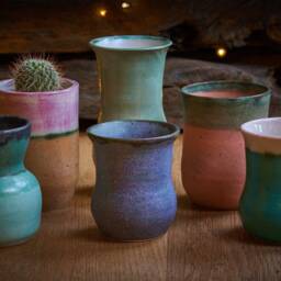 Wheel Thrown Ceramic Bud Vase/Succulent Pot. Hand Glazed in Coral, Verdigris & Copper - thumbnail 2