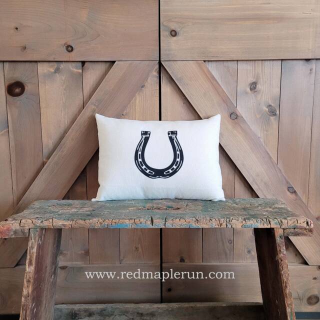 Equestrian Pillow Cover Fits Lumbar 12 X 16 Pillow - Handprinted Horse Shoe - Choose Only Or With Form - image 1
