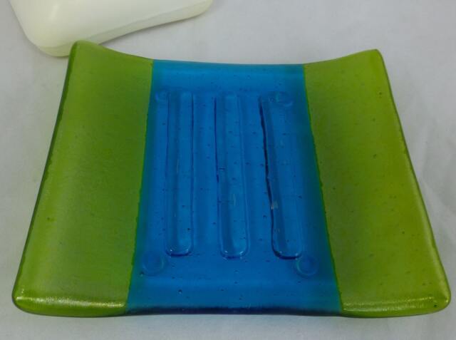 Hand Made Glass Soap Dish - Iridescent Green & Turquoise Blue Crafted Gift For Bathroom Or Wc - image 1