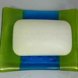 Hand Made Glass Soap Dish - Iridescent Green & Turquoise Blue Crafted Gift For Bathroom Or Wc - thumbnail 3