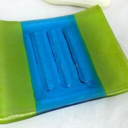 Hand Made Glass Soap Dish - Iridescent Green & Turquoise Blue Crafted Gift For Bathroom Or Wc - thumbnail 2