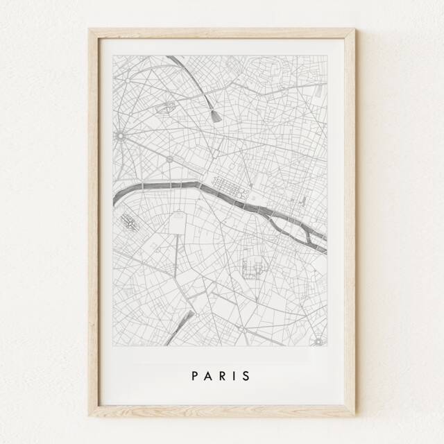 Paris Map Street France City Drawing Black & White - Art Print Wedding Anniversary Gift French European Travel Parisian Wall - image 1