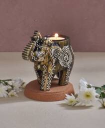 Elephant Tealight Candle Holder/Decorative Figurine Colourful Wooden Boho Hand-Painted Gift For Lovers - thumbnail 3