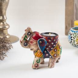 Elephant Tealight Candle Holder/Decorative Figurine Colourful Wooden Boho Hand-Painted Gift For Lovers