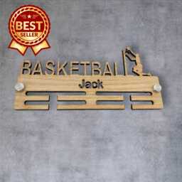 Basketball Medal Hanger - Wood Colours, Custom Name & Colour