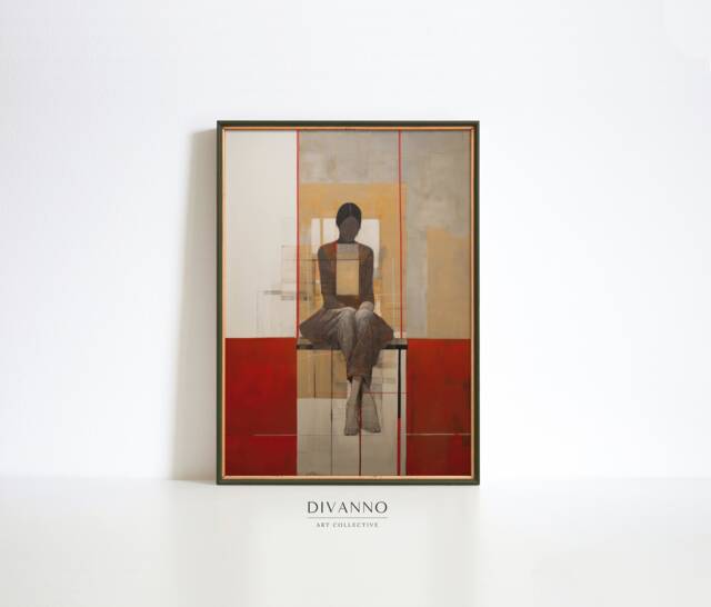 Abstract Sitting Woman Print, Muted Wall Art, Contemporary Art Canvas, Modern Printable Gift, Digital Painting, Bistro Neutral Decor - image 1