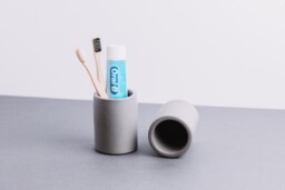 Round Concrete Toothbrush Holder, Circular Minimalist Bathroom Cup, Modern Grey Stand, Industrial Vanity Organizer, Handmade Set - thumbnail 1