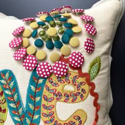 Decorative Pillow, 18x18 Inch, Contemporary Throw Beige Cotton, Patch Work, Embroidery & Buttons - thumbnail 3