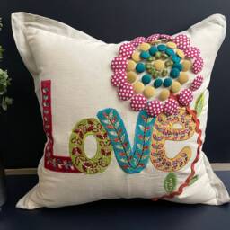 Decorative Pillow, 18x18 Inch, Contemporary Throw Beige Cotton, Patch Work, Embroidery & Buttons - thumbnail 2