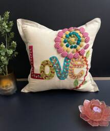 Decorative Pillow, 18x18 Inch, Contemporary Throw Beige Cotton, Patch Work, Embroidery & Buttons - thumbnail 1
