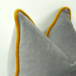 Grey Velvet Pillow With Mustard Yellow Piping - Cotton Cushion - thumbnail 2