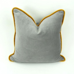 Grey Velvet Pillow With Mustard Yellow Piping - Cotton Cushion - thumbnail 3