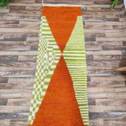 Handwoven Beni Ourain Runner Rug Authentic Berber Wool, Orange & White - thumbnail 3