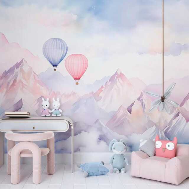 Hot Air Balloon Wall Mural - Pastel Mountain Clouds Wallpaper For Kids Room Nursery Removable Peel & Stick Baby Decor - image 1