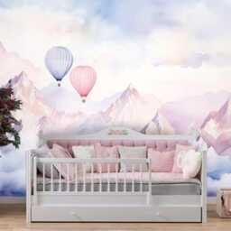 Hot Air Balloon Wall Mural - Pastel Mountain Clouds Wallpaper For Kids Room Nursery Removable Peel & Stick Baby Decor - thumbnail 3