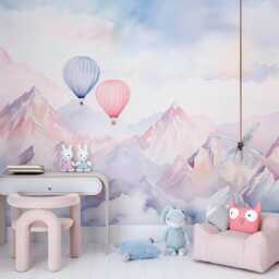 Hot Air Balloon Wall Mural - Pastel Mountain Clouds Wallpaper For Kids Room Nursery Removable Peel & Stick Baby Decor - thumbnail 1