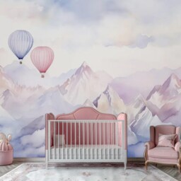 Hot Air Balloon Wall Mural - Pastel Mountain Clouds Wallpaper For Kids Room Nursery Removable Peel & Stick Baby Decor - thumbnail 2