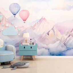Hot Air Balloon Wall Mural - Pastel Mountain Clouds Wallpaper For Kids Room Nursery Removable Peel & Stick Baby Decor - thumbnail 4