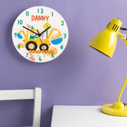 Children's Personalised Digger Truck Bedroom Clock - Kids Wall Decoration Quiet Construction Nursery Room - thumbnail 1