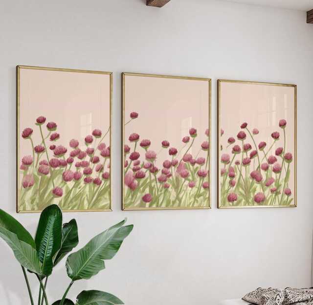 Wildflower Botanical Wall Art Posters - Pink Green Nature Illustration Triptych Set Of 3 - image 1