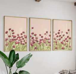 Wildflower Botanical Wall Art Posters - Pink Green Nature Illustration Triptych Set Of 3 - thumbnail 1
