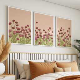 Wildflower Botanical Wall Art Posters - Pink Green Nature Illustration Triptych Set Of 3 - thumbnail 2
