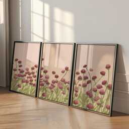 Wildflower Botanical Wall Art Posters - Pink Green Nature Illustration Triptych Set Of 3 - thumbnail 3