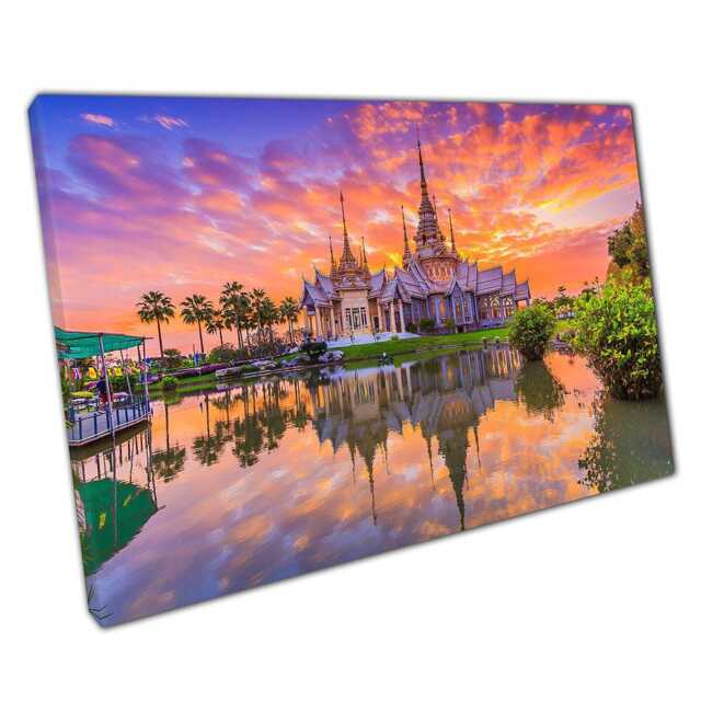 Wat None Kum Temple Sunset Canvas Wall Art - Thailand Buddhist Architecture Print For Home Decor - image 1
