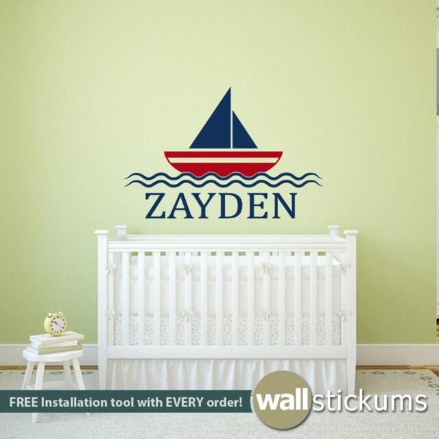 Sailboat Nursery Wall Decal Custom Name Nautical Vinyl Art - image 1