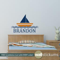 Sailboat Nursery Wall Decal Custom Name Nautical Vinyl Art - thumbnail 3