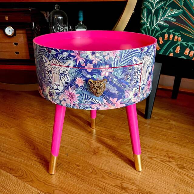 Round Hot Pink Bedside Table, Green & Navy Leopard Floral Design. Wooden Cheetah Side Table With Drawer. Quirky Nightstand For Bedroom - image 1