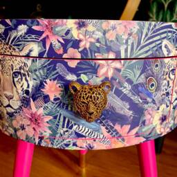 Round Hot Pink Bedside Table, Green & Navy Leopard Floral Design. Wooden Cheetah Side Table With Drawer. Quirky Nightstand For Bedroom - thumbnail 4