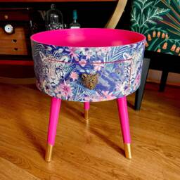 Round Hot Pink Bedside Table, Green & Navy Leopard Floral Design. Wooden Cheetah Side Table With Drawer. Quirky Nightstand For Bedroom