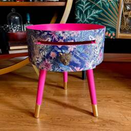 Round Hot Pink Bedside Table, Green & Navy Leopard Floral Design. Wooden Cheetah Side Table With Drawer. Quirky Nightstand For Bedroom - thumbnail 2
