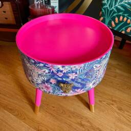 Round Hot Pink Bedside Table, Green & Navy Leopard Floral Design. Wooden Cheetah Side Table With Drawer. Quirky Nightstand For Bedroom - thumbnail 3