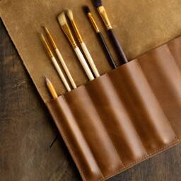 Leather Brush Roll, Artist Pen Case, Stationery Organizer, Handcrafted Tool Holder - thumbnail 2