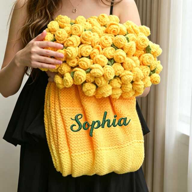 Custom Crochet Yellow Rose Bouquet Blanket, Embroidered Name, Mother's Day Gift - image 1