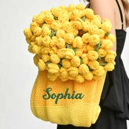 Custom Crochet Yellow Rose Bouquet Blanket, Embroidered Name, Mother's Day Gift - thumbnail 2