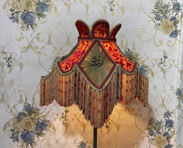 Red Velvet Lampshade Handmade Victorian Style With Beaded Fringe - image 1