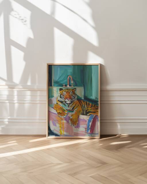 Tiger in Bathtub Art Print Maximalist Bathroom Decor - image 1